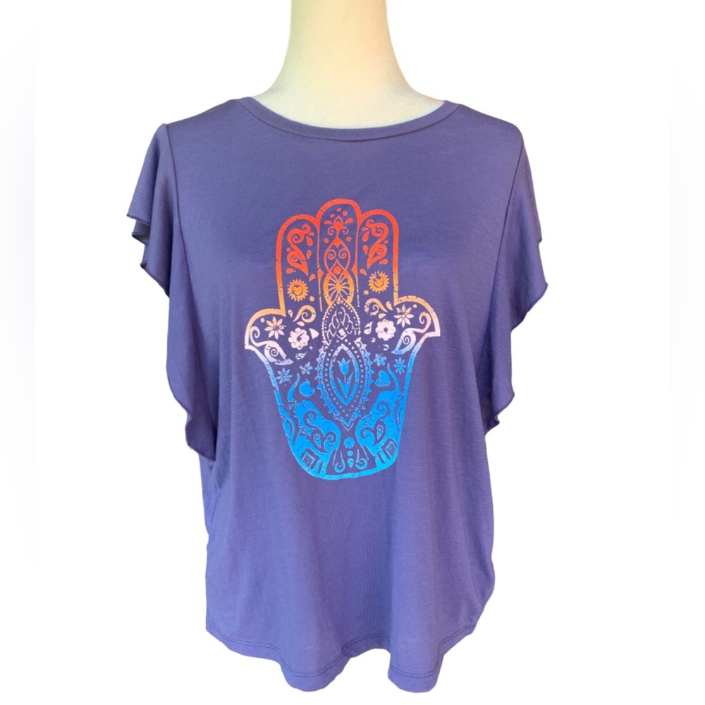 Jessica Simpson Yara Elephant Hamsa Graphic Flutter Sleeve-Women’s-Large-Purple